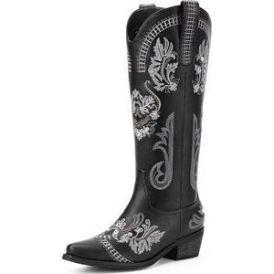 Women Polyurethane Black Rhinestone Embroidered Chunky Heel Knee High Tall Boots